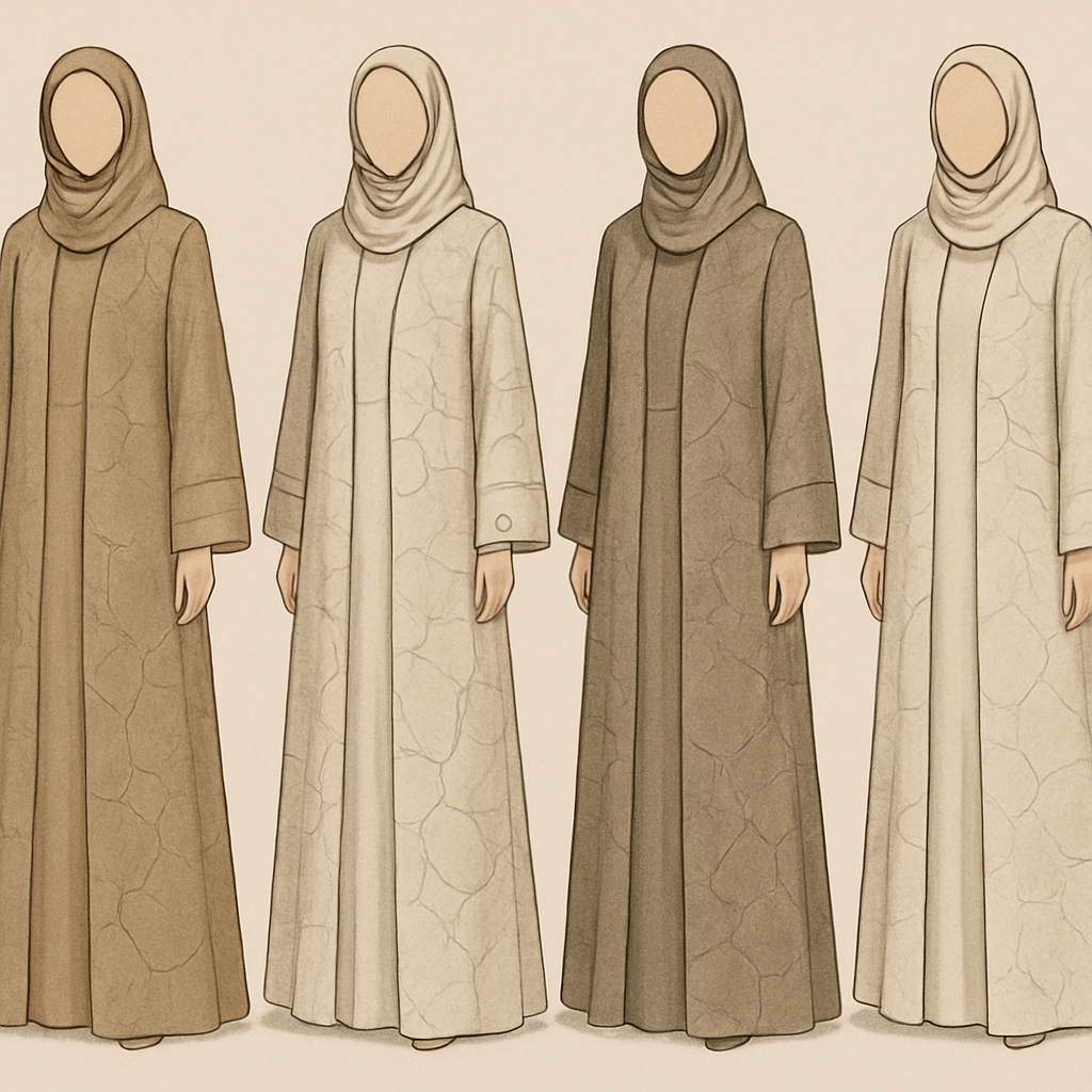 Create a modest two-piece linen abaya, the first of its kind, featuring a unique stone design that exudes a classy and sophisticated vibe. I'd like four designs, each showcasing different styles and fabrics. Incorporate high-end, unique chic stone designs to make them truly special. Add little sophisticated stone designs.

Create a modest two-piece linen abaya, the first of its kind, featuring a unique stone design that exudes a classy and sophisticated vibe. I'd like four designs, each showcasing different styles and fabrics. Incorporate high-end, unique chic stone designs to make them truly special. Add little sophisticated stone designs.