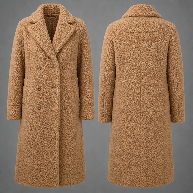 Full Persian lamb fur coat long and no leather . Double breasted in camel
edit the attached fashion design with these instructions: Full Persian lamb fur coat long and no leather . Double breasted in camel. keep it photorealistic, just the design no text