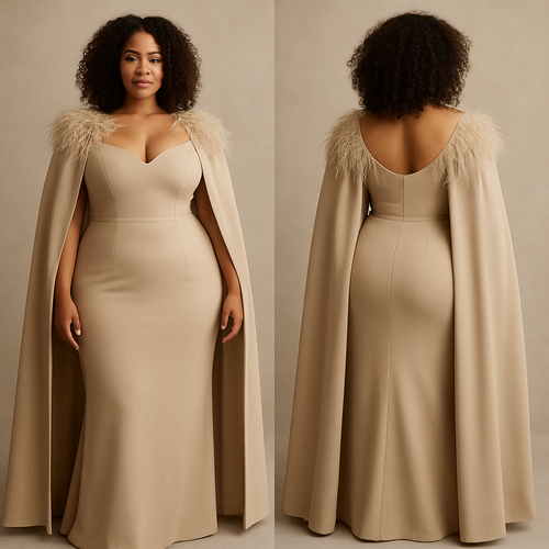 Beige dress with big cape. With a feather 
Make it realistic, make it curvy with curly hair