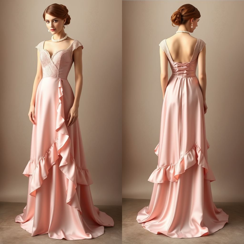 Chic, girly, stylish, luxurious, dressy
Design an elegant, floor-length gown crafted from luxurious silk satin in a soft blush pink. The dress features a fitted bodice with delicate lace accents, cascading ruffles along the skirt, and a vintage-inspired sweetheart neckline. Pair it with understated pearl accessories and a classy updo for a quintessentially classic look.