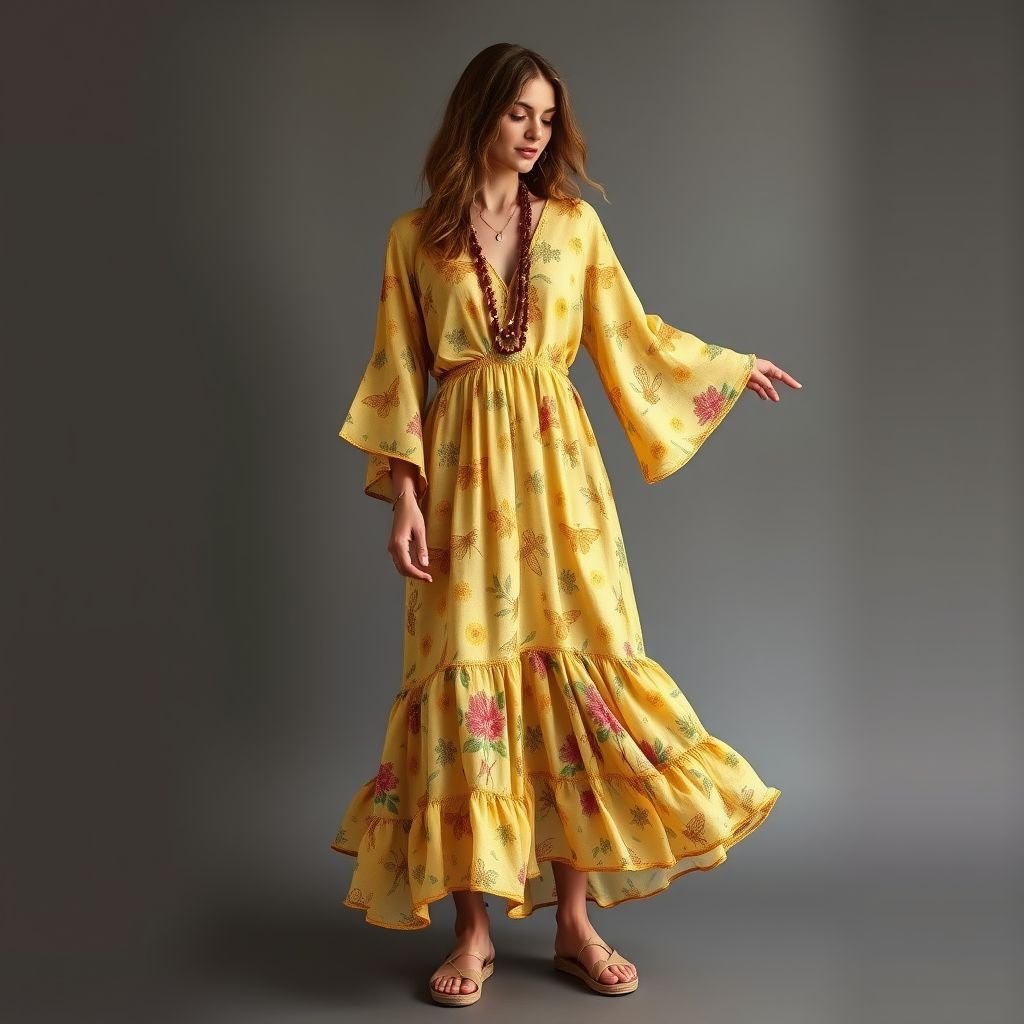 A honey bee & honey comb themed spring day dress.
Design a flowing, bohemian-inspired spring day dress, adorned with intricate honey bee and honeycomb patterns. Utilize earthy tones of gold and soft yellow, intertwined with vibrant floral prints. Incorporate layered bell sleeves and a playful, tiered hemline. Finish with natural hemp accessories and woven sandals, embracing the free-spirited hippy aesthetic.