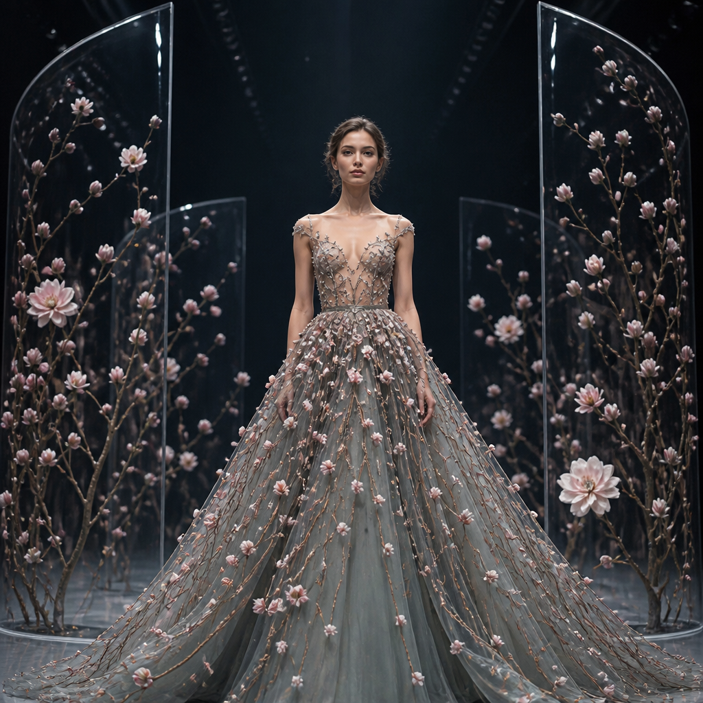 May be the joy dress can also have a screen around it with flower buds on it when model starts modelling the buds start blooming
photorealistic fashion design, May be the joy dress can also have a screen around it with flower buds on it when model starts modelling the buds start blooming, just the design no text