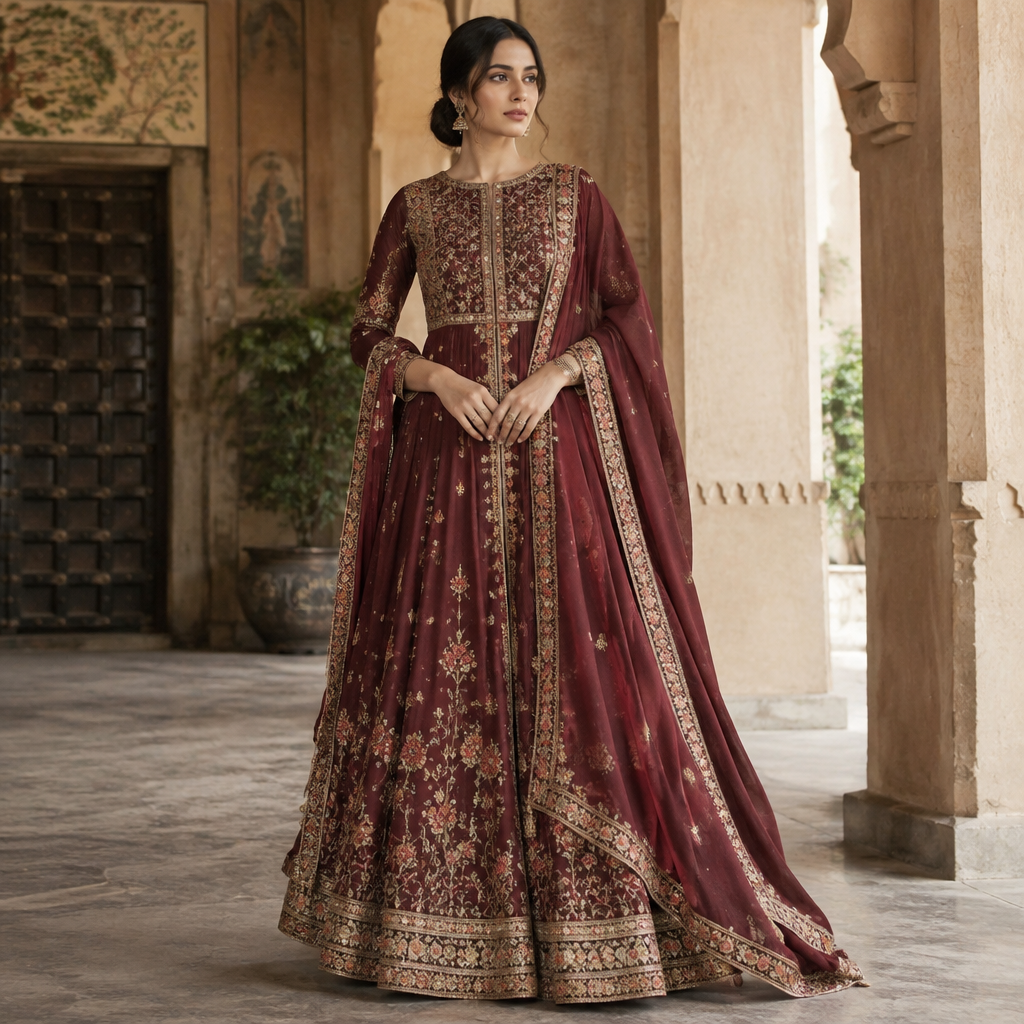 A Female Dress design, suitable for Fall. Consider Indian fashion aesthetics — consider saree, lehenga, salwar kameez, kurti, anarkali; local fabrics like chanderi, banarasi, chikankari, block prints; vibrant colors and rich embroidery. Current season is Autumn in India. Present it as professional fashion catalogue photography: the garment is the subject, shown full-length with editorial styling, neutral posing and tasteful, non-suggestive framing.
photorealistic fashion design, A Female Dress design, suitable for Fall. Consider Indian fashion aesthetics — consider saree, lehenga, salwar kameez, kurti, anarkali; local fabrics like chanderi, banarasi, chikankari, block prints; vibrant colors and rich embroidery. Current season is Autumn in India. Present it as professional fashion catalogue photography: the garment is the subject, shown full-length with editorial styling, neutral posing and tasteful, non-suggestive framing., just the design no text