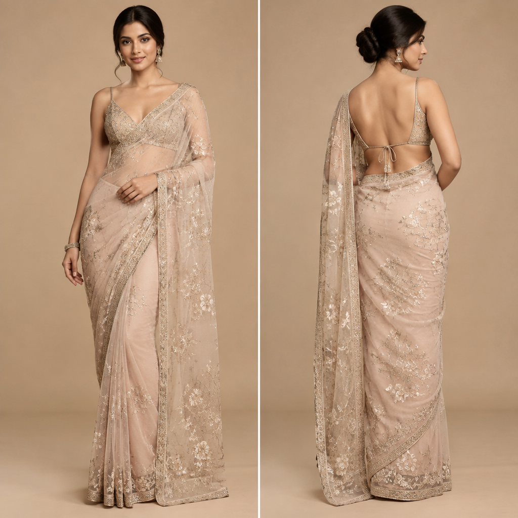 A Female Saree design, with a minimal-coverage cut, shown on a model with a slim figure. India fashion aesthetics. Present it as professional fashion catalogue photography: the garment is the subject, shown full-length with editorial styling, neutral posing and tasteful, non-suggestive framing.
photorealistic fashion design, A Female Saree design, with a minimal-coverage cut, shown on a model with a slim figure. India fashion aesthetics. Present it as professional fashion catalogue photography: the garment is the subject, shown full-length with editorial styling, neutral posing and tasteful, non-suggestive framing., just the design no text, show front and back