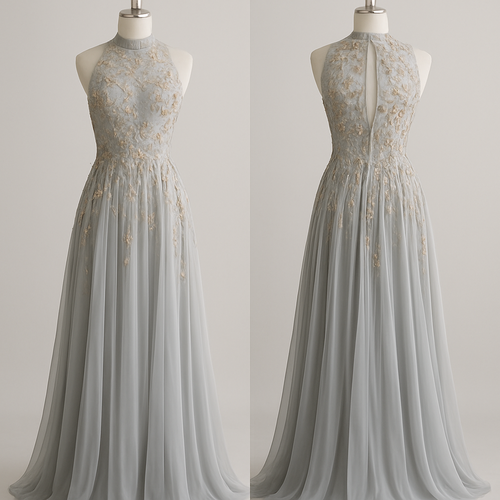 A graceful evening gown made of light gray chiffon fabric, featuring delicate embroidery in silver, gold, pink, and green tones. The design has a softly draped silhouette that flows elegantly to the floor, creating a timeless and ethereal look. The neckline is high and structured, adding sophistication and balance to the overall design. Perfect for formal occasions, this gown blends subtle luxury with feminine charm