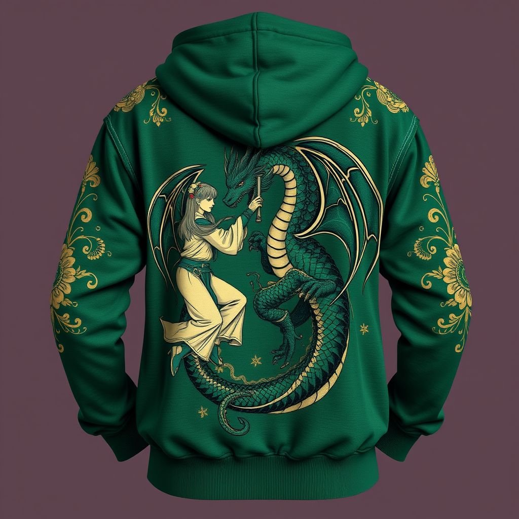 Dark emerald green hoodie wit 2 ppl fighting on the hoodie wit a dark emerald green dragon to
Design a vintage-inspired dark emerald green hoodie featuring intricate, retro illustrations of two figures engaged in a dramatic duel, entwined with a majestic dark emerald dragon. Embellish the sleeves with classic floral motifs and aged, ornate stitching. Incorporate a soft, textured fabric reminiscent of 1970s style for a timeless, cozy aesthetic.