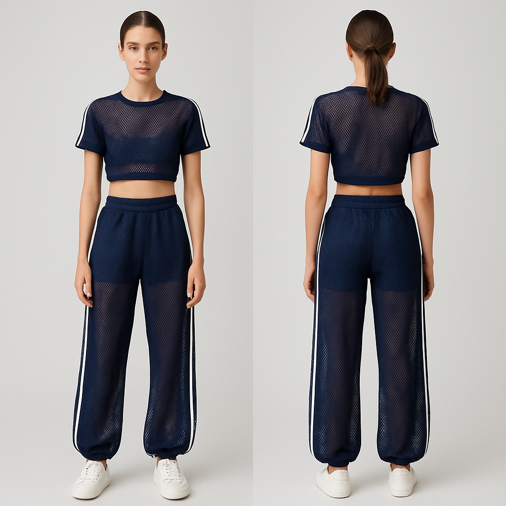 See through mesh cropped top in navy with 2 white stripes on both sides of the sleeves.
Mesh wide leg jogger in navy with about 5cm width thick see through long stripe on both sides.
See through mesh cropped top in navy with 2 white stripes on both sides of the sleeves.
Mesh wide leg jogger in navy with about 5cm width thick see through long stripe on both sides. , streetwear style, show front and back