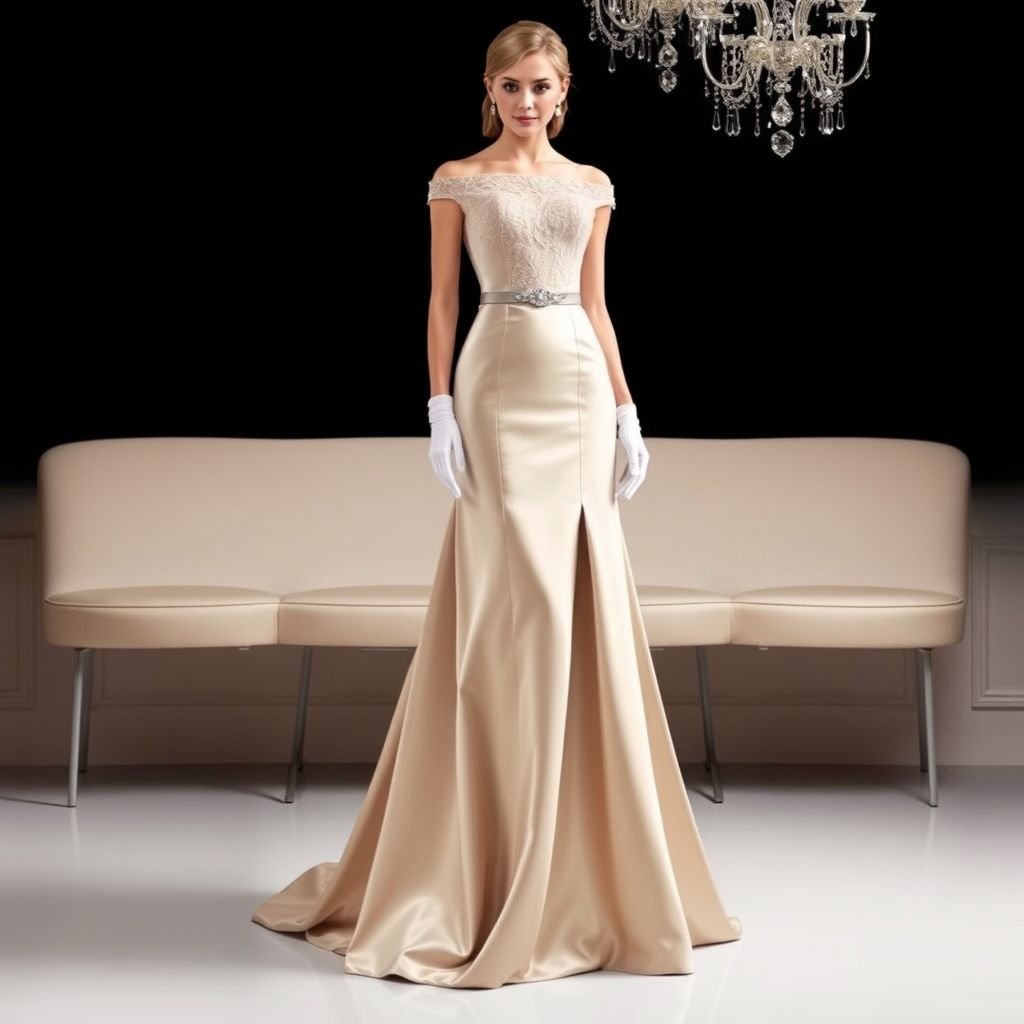 Party dress
Envision an exquisite floor-length party dress in a sleek satin fabric, featuring a tailored bodice with intricate lace detailing. The elegantly draped A-line skirt boasts a subtle train, while the off-shoulder neckline adds a touch of sophistication. Accentuate with a delicate crystal belt and matching gloves for a truly refined formal look.