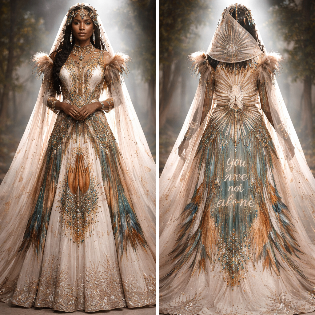 African Caribbean, Native American, rooted in faith, modest, mental health awareness
African Caribbean, Native American, rooted in faith, modest, mental health awareness, haute_couture style, show front and back