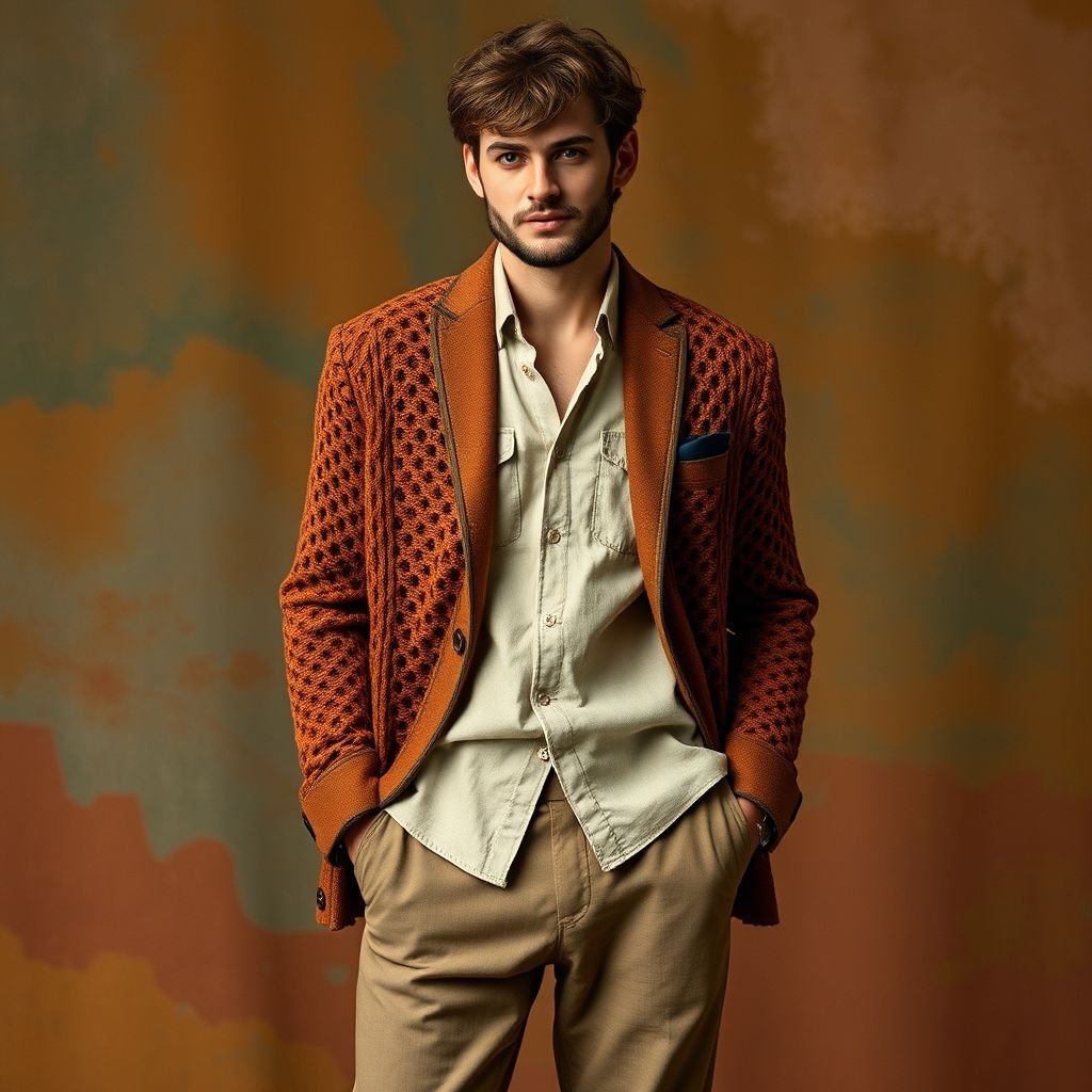 Croché com tecido para homem
Design a contemporary men’s collection that fuses intricate crochet with vibrant, textured fabric. Imagine oversized crochet cardigans layered over tailored blazers, paired with relaxed linen trousers. Incorporate earthy tones like terracotta and olive green, while adding unexpected pops of deep blue. This collection exudes a modern bohemian vibe, merging sophistication with comfort.