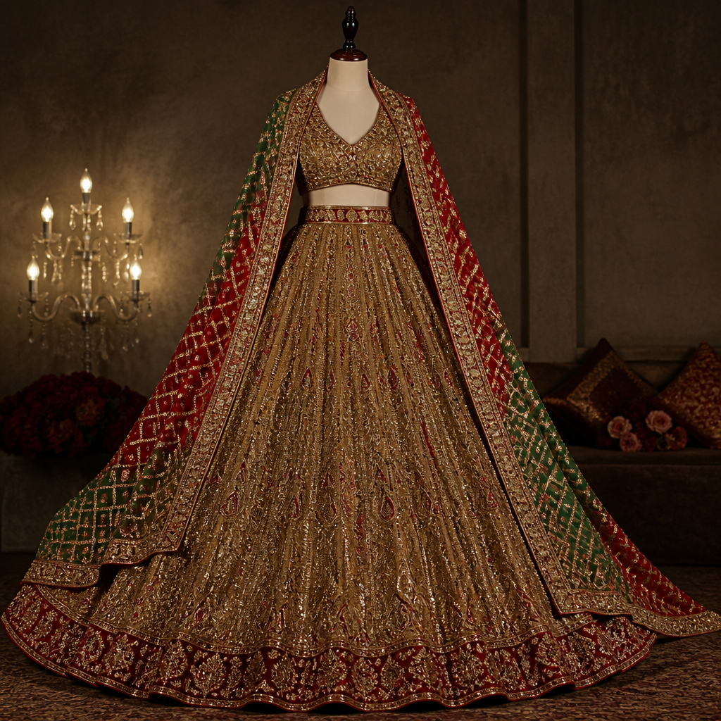 photorealistic fashion design, photorealistic fashion design, photorealistic fashion design, photorealistic fashion design, photorealistic fashion design, photorealistic fashion design, photorealistic fashion design, photorealistic fashion design, photorealistic fashion design, Dark golden shimmery tissue bridal lehenga with heavy flare and medium size paisley motifs in red green and golden kundan stone embroidery all over the lehenga. India fashion aesthetics., just the design no text. Refinement: Reduce the size of paisleys in this and make it in red colour with green and golden kundan embroidery , just the design no text. Refinement: Dark golden shimmery tissue bridal lehenga with heavy flare and small red paisley motifs all over in the lehenga , just the design no text. Refinement: Dark golden tissue shimmery bridal lehenga with heavy flare , just the design no text. Refinement: Make the border in dark red colour , just the design no text. Refinement: Give Red paisley motifs of medium size all over the lehenga , just the design no text. Refinement: Make the golden colour still darker in this same lehenga keeping everything else the same , just the design no text. Refinement: Make golden colour slightly lighter keeping everything else the same , just the design no text. Refinement: Make golden slightly darker keeping everything else the same , just the design no text. Refinement: Give Red and green gharchola Dupatta in this
photorealistic fashion design, photorealistic fashion design, photorealistic fashion design, photorealistic fashion design, photorealistic fashion design, photorealistic fashion design, photorealistic fashion design, photorealistic fashion design, photorealistic fashion design, photorealistic fashion design, Dark golden shimmery tissue bridal lehenga with heavy flare and medium size paisley motifs in red green and golden kundan stone embroidery all over the lehenga. India fashion aesthetics., just the design no text. Refinement: Reduce the size of paisleys in this and make it in red colour with green and golden kundan embroidery , just the design no text. Refinement: Dark golden shimmery tissue bridal lehenga with heavy flare and small red paisley motifs all over in the lehenga , just the design no text. Refinement: Dark golden tissue shimmery bridal lehenga with heavy flare , just the design no text. Refinement: Make the border in dark red colour , just the design no text. Refinement: Give Red paisley motifs of medium size all over the lehenga , just the design no text. Refinement: Make the golden colour still darker in this same lehenga keeping everything else the same , just the design no text. Refinement: Make golden colour slightly lighter keeping everything else the same , just the design no text. Refinement: Make golden slightly darker keeping everything else the same , just the design no text. Refinement: Give Red and green gharchola Dupatta in this , just the design no text