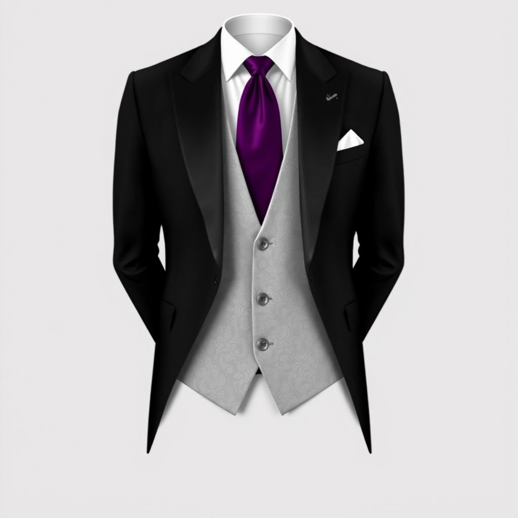 Wedding tuxedo with black jacket, deep amethyst long tie, silver vest, white shirt
Design an elegant wedding tuxedo featuring a tailored black jacket with satin lapels for a sophisticated flair. The ensemble includes a deep amethyst long tie, perfectly contrasting the shimmering silver vest. Underneath, a crisp white shirt completes the look, exuding timeless formal style for a distinguished groom on his special day.