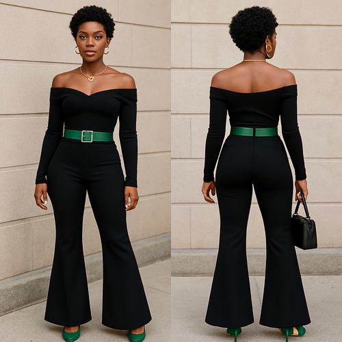 Black woman 
Short curls 
Gold jewelry
 green belt 
Bell bottom pants shirt off the shoulders 
Green heels 
Black purse 


