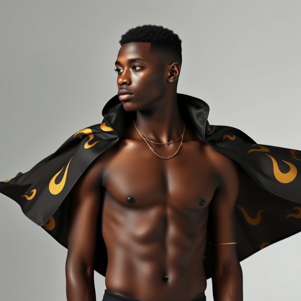 Draw a very handsome Black male about 18 years old wearing this outfit: • Bottom: metallic gold jockstrap that clings to the groin. • Top: cape with flame patterns, rest of the body is bare. • Extras: Gold wrist bracelets,chain, and one stud earring.
Design a striking minimalist fashion ensemble for an 18-year-old Black male. He showcases a metallic gold jockstrap, perfectly tailored for a sleek silhouette. Overhead, a dramatically simple cape in understated flame patterns flows effortlessly. Accessories include minimalist gold wrist bracelets, a delicate chain, and a single stud earring, enhancing his refined allure.