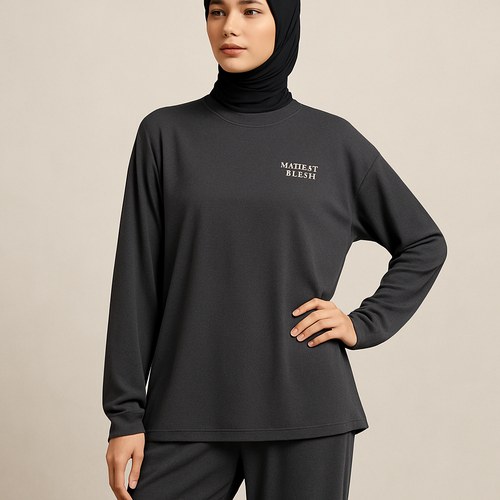 Create a revolutionary women's modest loose gym wear brand called "Modest Fleur". Display the brand name on the in a unique design on the upper right side, in small thick writing that exudes a classy and sophisticated vibe. I'd like four designs, each showcasing different styles and fabrics, with high-end, chic designs to make them truly special. Making it first design in the world 