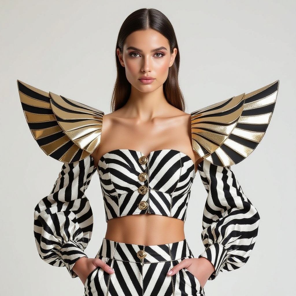 Inspired by the metallic wings on a pilots uniform, design an exaggerated sleeve on a one shoulder sleeve crop top in zebra print. The structured wings are 3D, attached to the shoulders by large uniform buttons on the back and and standing pointing upwards. The wings are very structural, and each is separate on its own but attaching to the shoulder at one point.
Haute Couture fashion: One-shoulder crop top, zebra print. Exaggerated sleeves, metallic wing-shaped, 3D, structured, pointing upwards, attached at shoulder with large uniform buttons.
