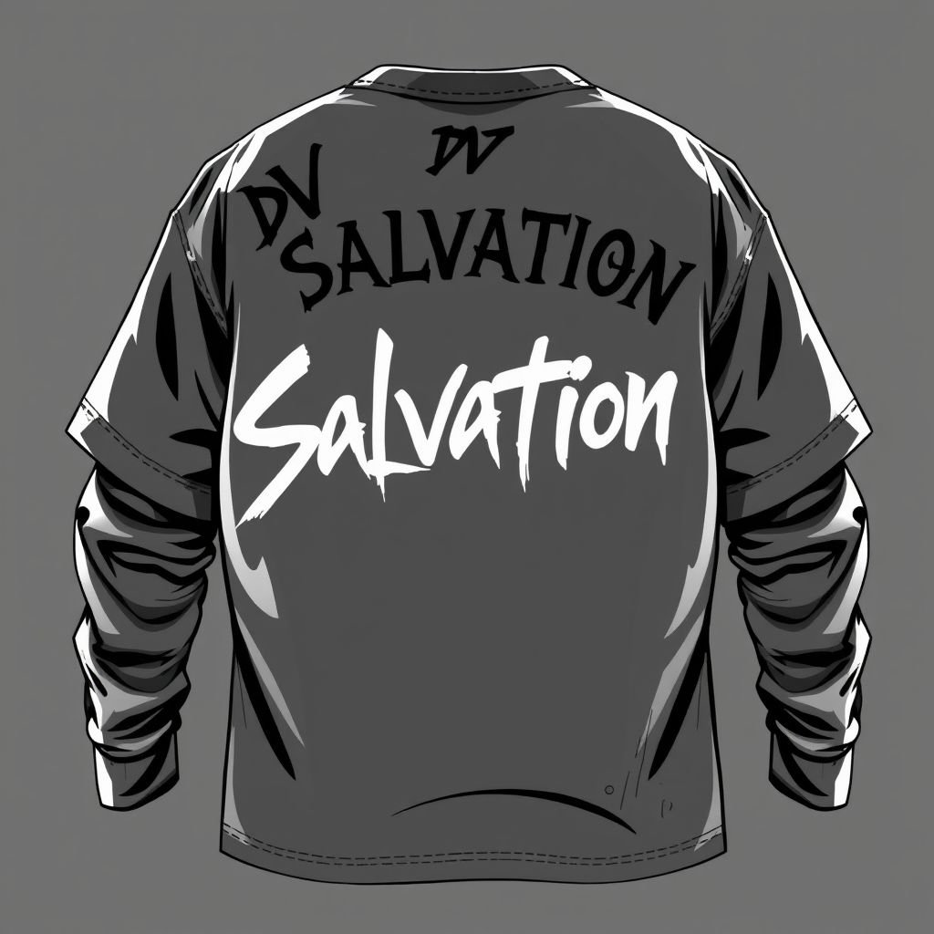 Men’s Shirt. Short sleeve with long sleeve under. With salvation across shoulders on back of shirt. Grey on grey, dark grey/light grey. Oversized streetwear shirt, with light graffiti on it. With “DV” on front in top left. Show both front and back.
Design an oversized men's streetwear shirt featuring short sleeves layered over long sleeves. Use a striking grey-on-grey palette, blending dark and light greys. The back prominently showcases "Salvation" across the shoulders, complemented by subtle, artistic graffiti accents. The front displays "DV" in the top left, merging urban aesthetics with bold expression.