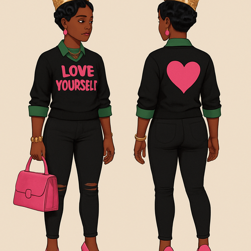 Black woman
Finger waves 
Gold crown 
Green collared shirt black sweater shirt
Love yourself in pink on shirt 
On the back a heart 
sleeves rolled up
pink heels 
Pink pursue 
Pink earrings 
Gold bracelet and gold rings
Green anklet
Tight black pants with rips
Gold necklace 