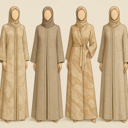 Create a modest two-piece linen abaya, the first of its kind, featuring a unique stone design that exudes a classy and sophisticated vibe. I’d like four designs, each showcasing different styles and fabrics. Incorporate high-end, unique chic stone designs to make them truly special. Add little sophisticated stone designs.