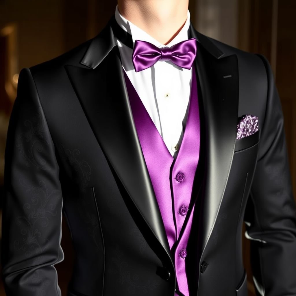 Wedding tuxedo with black jacket, deep amethyst vest, silver tie, white shirt
Design a stunning wedding tuxedo featuring a meticulously tailored black jacket, showcasing sharp lapels. Beneath, a luxurious deep amethyst vest adds a regal touch, paired with a shimmering silver tie that glistens under soft light. A crisp white shirt completes this sophisticated ensemble, embodying timeless elegance for the modern groom.