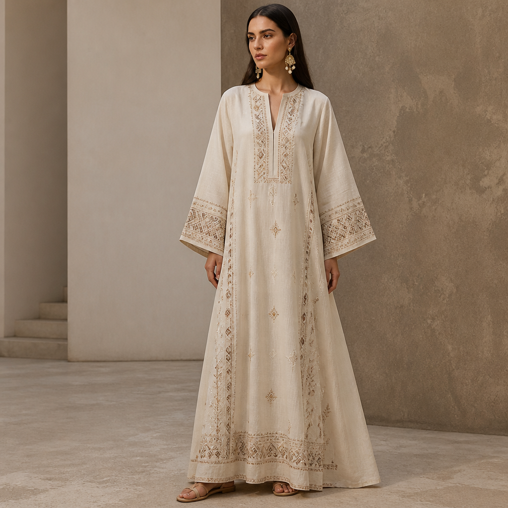 A Female Dress design, suitable for Summer, in Minimalist + Middle Eastern + Ethnic style. Russia fashion aesthetics. Present it as professional fashion catalogue photography: the garment is the subject, shown full-length with editorial styling, neutral posing and tasteful, non-suggestive framing.
photorealistic fashion design, A Female Dress design, suitable for Summer, in Minimalist + Middle Eastern + Ethnic style. Russia fashion aesthetics. Present it as professional fashion catalogue photography: the garment is the subject, shown full-length with editorial styling, neutral posing and tasteful, non-suggestive framing., minimalist style, just the design no text