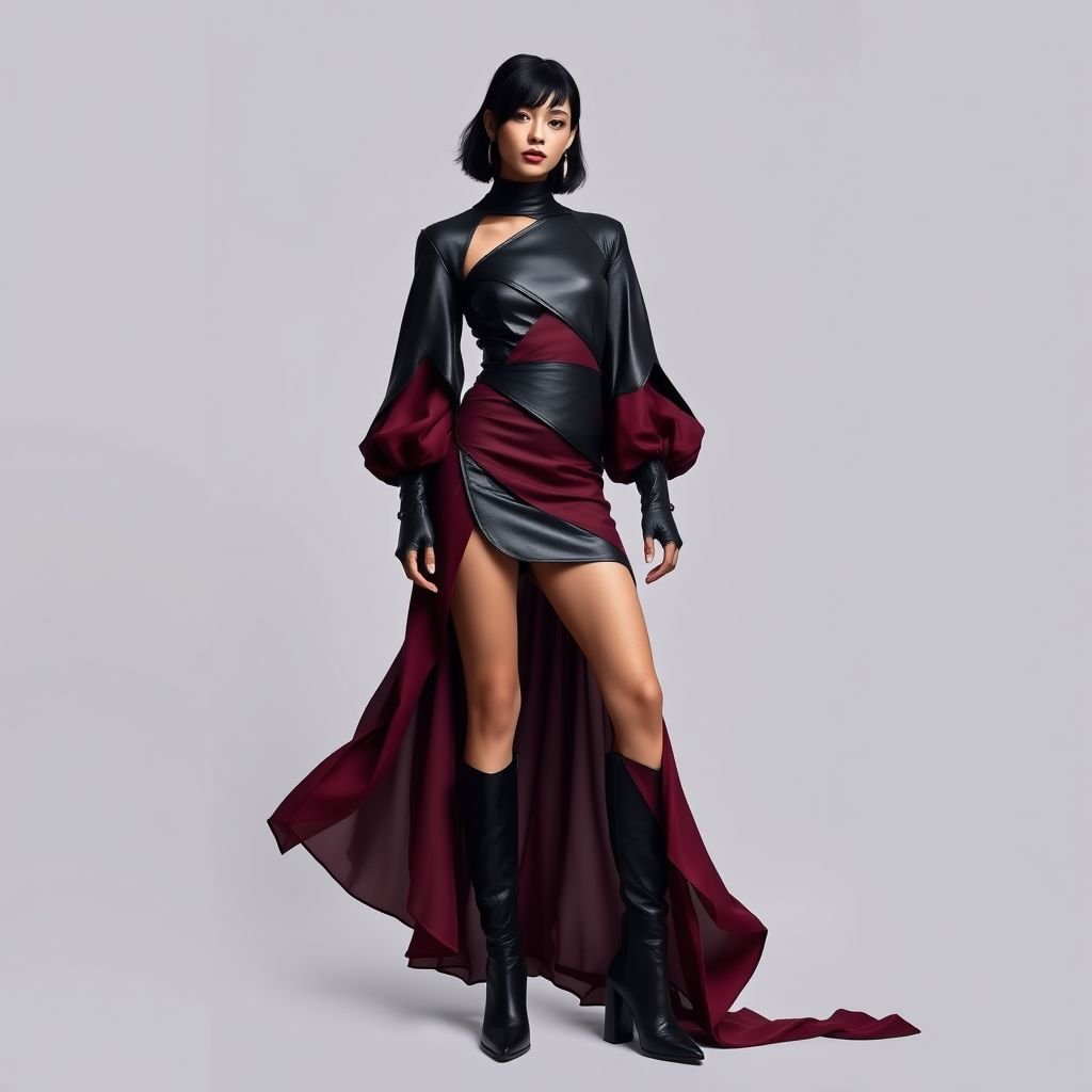 Merlot, black, leather, chiffon, mini, mutton sleeves, knee high boots, colour drawing
Design an avant-garde ensemble that juxtaposes luxurious merlot and deep black tones. Incorporate sculptural mutton sleeves crafted from sleek leather and ethereal chiffon. The daring mini dress features asymmetrical cuts, flowing layers, and unexpected textures. Pair it with striking knee-high boots in mixed materials, channeling unconventional elegance through bold color drawings.