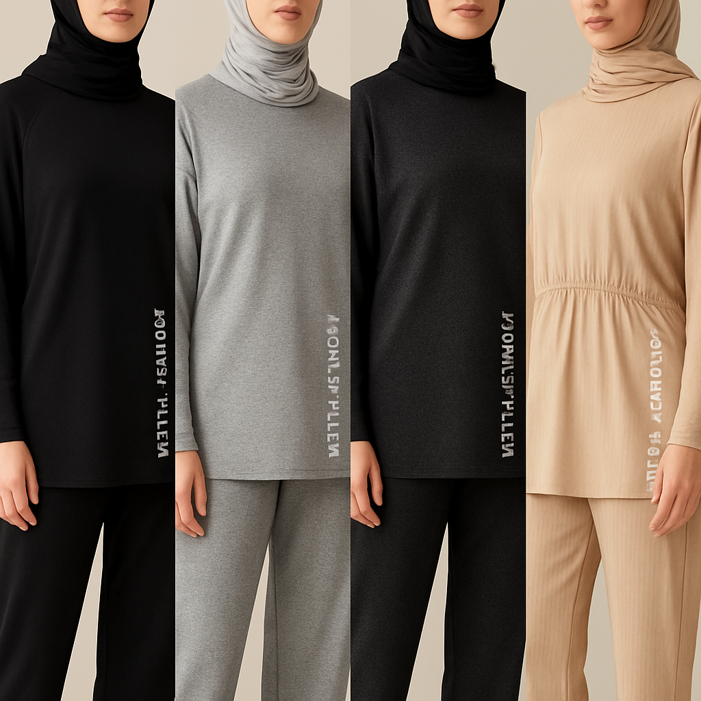 Create a revolutionary women’s modest loose gym wear brand called “Modest Fleur”. Display the brand name on the garments in a unique design on the right side, in small thick writing that exudes a classy and sophisticated vibe. I’d like four designs, each showcasing different styles and fabrics, with high-end, unique chic designs to make them truly special.
Create a revolutionary women’s modest loose gym wear brand called “Modest Fleur”. Display the brand name on the garments in a unique design on the right side, in small thick writing that exudes a classy and sophisticated vibe. I’d like four designs, each showcasing different styles and fabrics, with high-end, unique chic designs to make them truly special.