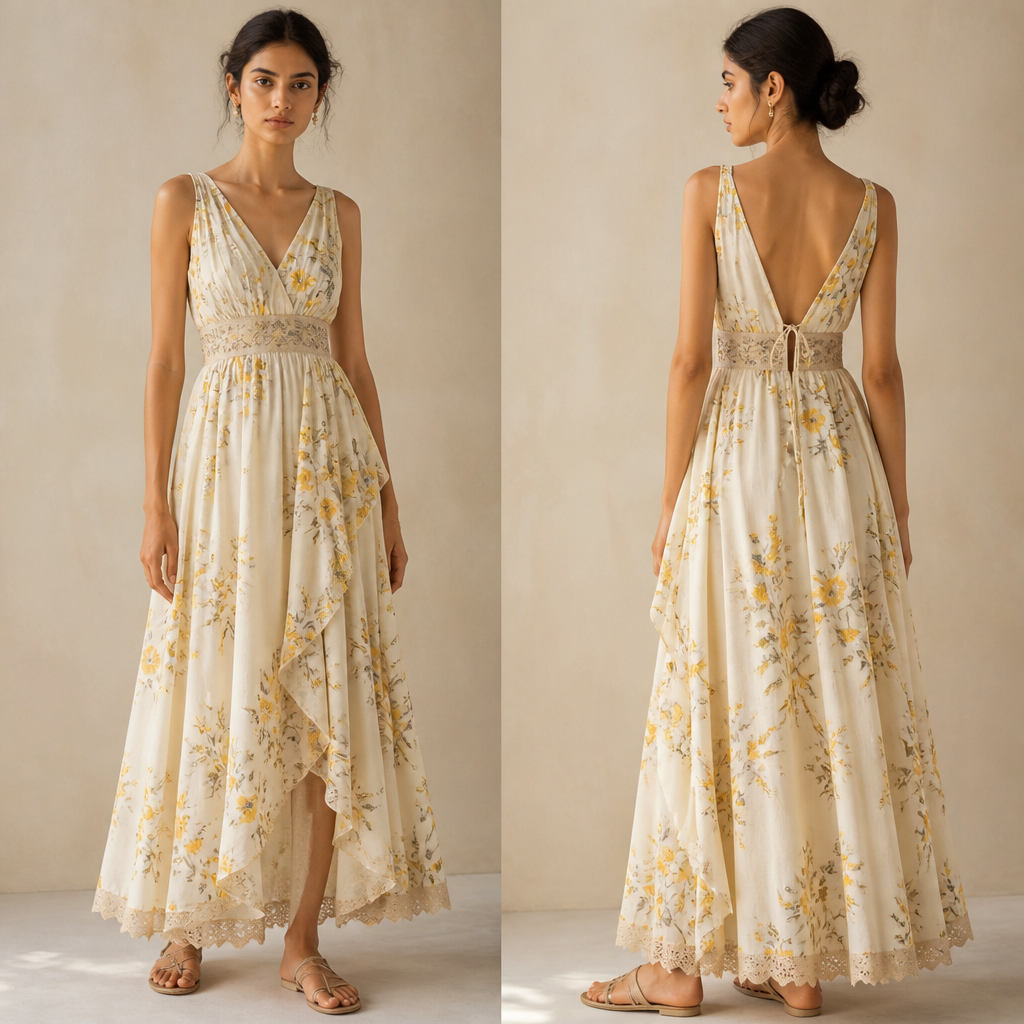 A Dress design, suitable for Summer. India fashion aesthetics.
photorealistic fashion design, A Dress design, suitable for Summer. India fashion aesthetics., just the design no text