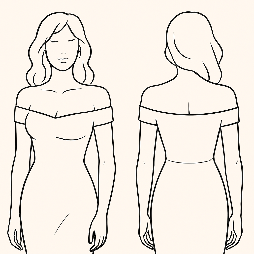 Off shoulder neck on a busty young lady
Off shoulder neck on a busty young lady , minimalist style, show front and back