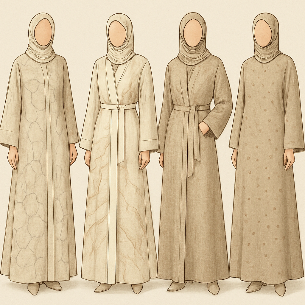 Create a modest two-piece linen abaya, the first of its kind, featuring a unique stone design that exudes a classy and sophisticated vibe. I’d like four designs, each showcasing different styles and fabrics. Incorporate high-end, unique chic stone designs to make them truly special. Add little sophisticated stone designs.

Create a modest two-piece linen abaya, the first of its kind, featuring a unique stone design that exudes a classy and sophisticated vibe. I’d like four designs, each showcasing different styles and fabrics. Incorporate high-end, unique chic stone designs to make them truly special. Add little sophisticated stone designs.