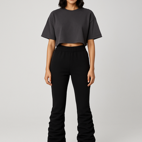 Black Flared super super stacked 
sweats with dark grey cropped oversized short sleeve top 


Show head to toe