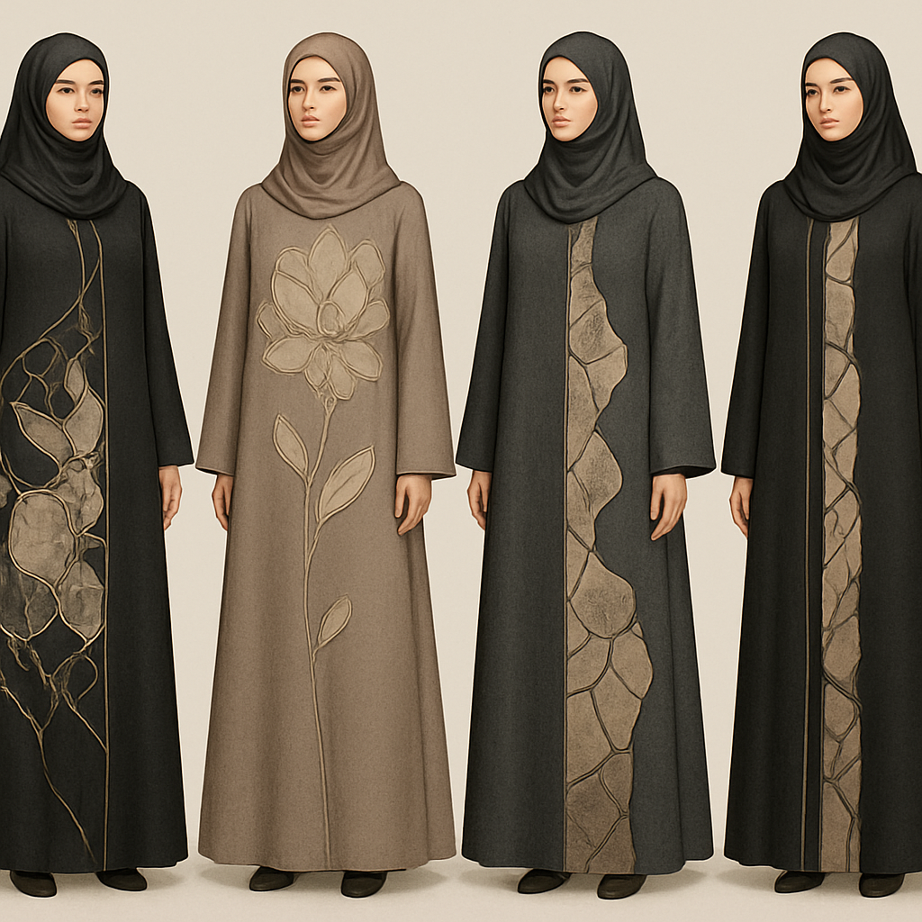 Create a modest abaya that's the first of its kind, featuring a unique stone design that exudes a classy and sophisticated vibe. I'd like four designs, each showcasing different styles and fabrics.Incorporate high-end, unique chic stone designs to make them truly special. And add little cute touch of sophisticated stone designs. Add huge flower and unique designs.
Create a modest abaya that's the first of its kind, featuring a unique stone design that exudes a classy and sophisticated vibe. I'd like four designs, each showcasing different styles and fabrics.Incorporate high-end, unique chic stone designs to make them truly special. And add little cute touch of sophisticated stone designs. Add huge flower and unique designs.