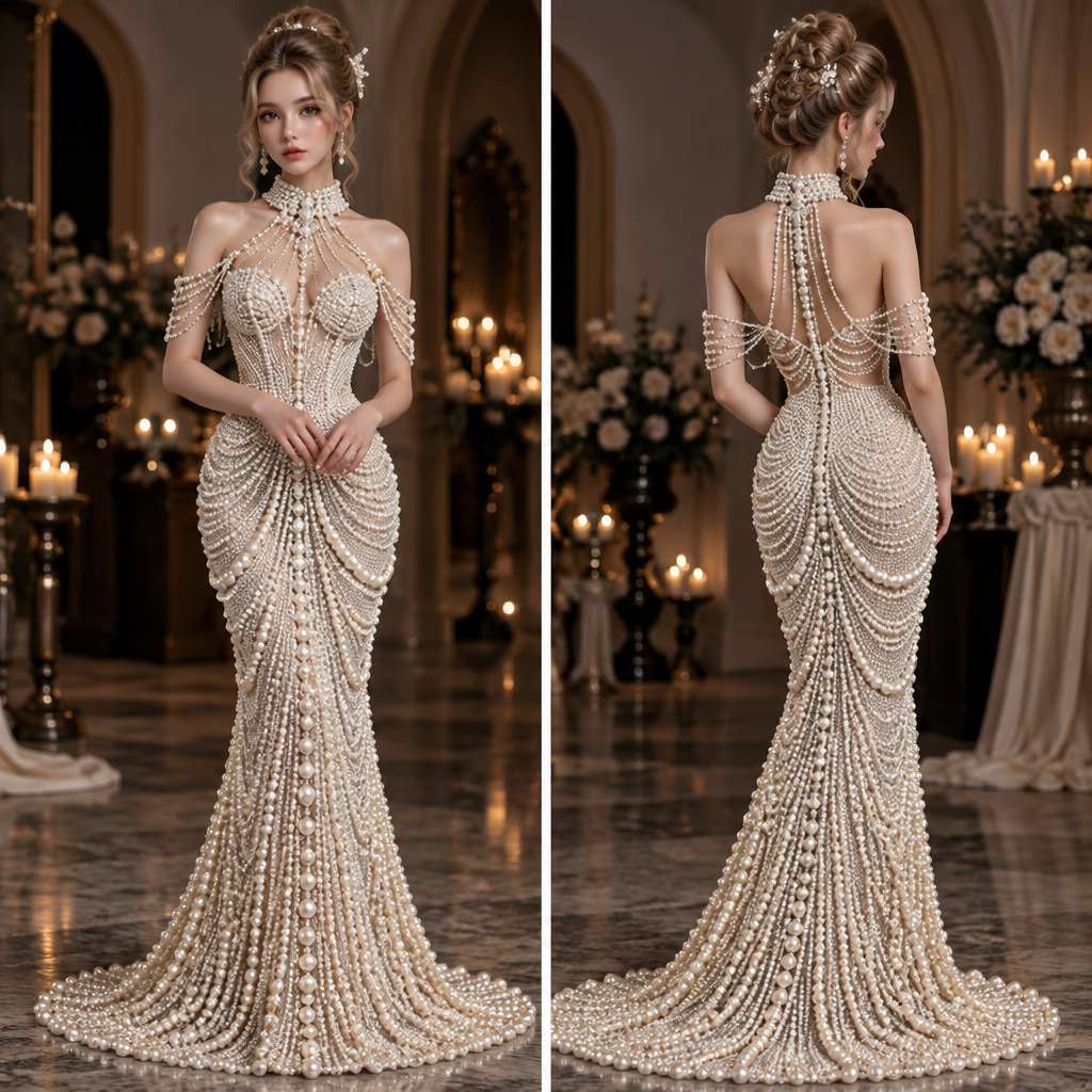photorealistic fashion design, photorealistic fashion design, A Female fashion design, shown on a model with fair skin and a petite figure. На изображении представлена красивая девушка с длинными светлыми волосами, собранными в объемную прическу. На ней элегантное бордовое бархатное платье с глубоким вырезом и прозрачным рукавом, украшенным сияющей вышивкой. В руках она держит тарелку с небольшими кексами.
Обстановка вокруг напоминает уютный осенний праздник, возможно, Хэллоуин: на фоне и вокруг нее расставлены тыквы разных размеров, мерцают свечи в подсвечниках, а атмосфера наполнена теплым приглушенным светом.
На фотографии изображена элегантная молодая женщина со светлыми волосами, собранными в сложную высокую прическу с черными лентами-бантиками. Ее образ дополняют длинные сияющие серьги и роскошное колье.
Она одета в пышное вечернее платье в готическом стиле, выполненное в черно-белой гамме. Корсет платья украшен блестящими стразами и кристаллами, а объемная многослойная юбка декорирована крупными белыми и черными текстильными розами и драпировкой.
Действие происходит на фоне просторной террасы старинного здания или замка с балюстрадой. На полу и вокруг террасы разложены тыквы, а в небе виднеются силуэты летящих летучих мышей, что создает атмосферу осеннего или хэллоуинского праздника.
На изображении представлена эффектная фотография, стилизованная под древнеегипетскую тематику.
* Главная героиня: Женщина с длинными светлыми волосами и прямой чёлкой, выразительными карими глазами с четкими стрелками и ярким макияжем. На ней надеты массивные традиционные украшения: богатое ожерелье в египетском стиле с бирюзовыми, золотыми и синими элементами, а также крупные подвесные серьги.
* Животное: Рядом с женщиной находится крупный леопард (или барс) с пятнистым окрасом и выразительным взглядом. Голова хищника расположена близко к лицу женщины.
* Интерфейс: Снимок сделан в виде скриншота из социальной сети (с элементами интерфейса, значками и панелями управления в верхней и нижней частях экрана).
На изображении представлена портретная иллюстрация красивой рыжеволосой женщины.
У нее выразительные глаза, аккуратные черты лица и пышные волнистые волосы рыжего оттенка, в которые вплетены крупные желтые цветы. Образ дополняют элегантные длинные серьги с золотыми деталями и наряд с оборками желтого цвета. Фон темный, с мягкими размытыми огоньками, что создает теплую и сказочную атмосферу.
На изображении представлена цифровая иллюстрация, на которой изображена молодая женщина в готическом стиле.
* Внешность: У нее длинные белые волосы, аккуратная челка и выразительные голубые глаза. Макияж яркий и выразительный, с акцентом на насыщенные красные губы.
* Одежда и аксессуары: Она одета в черное платье с кружевными деталями на плечах и шее. На голове красуется элегантная черная шляпа с широкими полями, украшенная перьями и розами.
* Детали: В руке женщина держит небольшой букет ярко-красных роз на длинных стеблях. Руки защищены черными перчатками.
* Общая атмосфера: Образ сочетает в себе загадочность, элегантность и романтично-мрачную эстетику.
На изображении представлена цифровая иллюстрация, на которой изображена молодая женщина в готическом стиле.
* Внешность: У нее длинные белые волосы, аккуратная челка и выразительные голубые глаза. Макияж яркий и выразительный, с акцентом на насыщенные красные губы.
* Одежда и аксессуары: Она одета в черное платье с кружевными деталями на плечах и шее. На голове красуется элегантная черная шляпа с широкими полями, украшенная перьями и розами.
* Детали: В руке женщина держит небольшой букет ярко-красных роз на длинных стеблях. Руки защищены черными перчатками.
* Общая атмосфера: Образ сочетает в себе загадочность, элегантность и романтично-мрачную эстетику.
На изображении представлена портретная иллюстрация молодой и красивой женщины с роскошными рыжими волосами.
* Внешность: У девушки выразительные зеленые глаза, аккуратные черты лица, легкий макияж в теплых тонах и пухлые губы.
* Одежда и украшения: Она одета в элегантное желтое платье с открытыми плечами, а в ушах блестят длинные золотистые серьги.
* Фон: Вокруг неё на размытом фоне распустились крупные желтые цветы, которые гармонично дополняют общую теплую и солнечную гамму портрета.
{
"style": "Lash extensions, professional macro photography of a human eye",
"eyelash_extensions": {
"volume": "Medium-high density, volume style (approx. 3D-4D)",
"curl": "L-curl or L+ curl, creating a sharp, elongated lifted effect",
"length": "Graduated length, longer at the outer corners for a cat-eye effect",
"texture": "Deep black, matte-finish synthetic silk lashes, perfectly separated, neat direction, dense inter-lash fill"
},
"eyebrows": {
"shaping": "Soft arched, natural fullness, well-groomed",
"styling": "Laminated brow effect, brushed up and neatly set hairs (feather brows)",
"color": "Warm medium-brown / taupe with soft natural shading underneath"
},
"eye_makeup": {
"eyeshadow": "Soft neutral nude contouring, gentle definition along the crease and lash line, subtle gradient",
"skin": "Flawless, smooth skin texture, soft professional studio lighting, macro detail"
},
"composition": {
"shot_type": "Macro close-up, extreme detail on eyelashes and brow texture",
"lighting": "Bright, even ring-light or studio lighting, professional beauty shot"
}
}. GE fashion aesthetics. Present it as professional fashion catalogue photography: the garment is the subject, shown full-length with editorial styling, neutral posing and tasteful, non-suggestive framing., just the design no text, show front and back. Refinement: лицо поменять платье из жемчуга полностью, just the design no text. Refinement: стиль поменять
photorealistic fashion design, photorealistic fashion design, photorealistic fashion design, A Female fashion design, shown on a model with fair skin and a petite figure. На изображении представлена красивая девушка с длинными светлыми волосами, собранными в объемную прическу. На ней элегантное бордовое бархатное платье с глубоким вырезом и прозрачным рукавом, украшенным сияющей вышивкой. В руках она держит тарелку с небольшими кексами.
Обстановка вокруг напоминает уютный осенний праздник, возможно, Хэллоуин: на фоне и вокруг нее расставлены тыквы разных размеров, мерцают свечи в подсвечниках, а атмосфера наполнена теплым приглушенным светом.
На фотографии изображена элегантная молодая женщина со светлыми волосами, собранными в сложную высокую прическу с черными лентами-бантиками. Ее образ дополняют длинные сияющие серьги и роскошное колье.
Она одета в пышное вечернее платье в готическом стиле, выполненное в черно-белой гамме. Корсет платья украшен блестящими стразами и кристаллами, а объемная многослойная юбка декорирована крупными белыми и черными текстильными розами и драпировкой.
Действие происходит на фоне просторной террасы старинного здания или замка с балюстрадой. На полу и вокруг террасы разложены тыквы, а в небе виднеются силуэты летящих летучих мышей, что создает атмосферу осеннего или хэллоуинского праздника.
На изображении представлена эффектная фотография, стилизованная под древнеегипетскую тематику.
* Главная героиня: Женщина с длинными светлыми волосами и прямой чёлкой, выразительными карими глазами с четкими стрелками и ярким макияжем. На ней надеты массивные традиционные украшения: богатое ожерелье в египетском стиле с бирюзовыми, золотыми и синими элементами, а также крупные подвесные серьги.
* Животное: Рядом с женщиной находится крупный леопард (или барс) с пятнистым окрасом и выразительным взглядом. Голова хищника расположена близко к лицу женщины.
* Интерфейс: Снимок сделан в виде скриншота из социальной сети (с элементами интерфейса, значками и панелями управления в верхней и нижней частях экрана).
На изображении представлена портретная иллюстрация красивой рыжеволосой женщины.
У нее выразительные глаза, аккуратные черты лица и пышные волнистые волосы рыжего оттенка, в которые вплетены крупные желтые цветы. Образ дополняют элегантные длинные серьги с золотыми деталями и наряд с оборками желтого цвета. Фон темный, с мягкими размытыми огоньками, что создает теплую и сказочную атмосферу.
На изображении представлена цифровая иллюстрация, на которой изображена молодая женщина в готическом стиле.
* Внешность: У нее длинные белые волосы, аккуратная челка и выразительные голубые глаза. Макияж яркий и выразительный, с акцентом на насыщенные красные губы.
* Одежда и аксессуары: Она одета в черное платье с кружевными деталями на плечах и шее. На голове красуется элегантная черная шляпа с широкими полями, украшенная перьями и розами.
* Детали: В руке женщина держит небольшой букет ярко-красных роз на длинных стеблях. Руки защищены черными перчатками.
* Общая атмосфера: Образ сочетает в себе загадочность, элегантность и романтично-мрачную эстетику.
На изображении представлена цифровая иллюстрация, на которой изображена молодая женщина в готическом стиле.
* Внешность: У нее длинные белые волосы, аккуратная челка и выразительные голубые глаза. Макияж яркий и выразительный, с акцентом на насыщенные красные губы.
* Одежда и аксессуары: Она одета в черное платье с кружевными деталями на плечах и шее. На голове красуется элегантная черная шляпа с широкими полями, украшенная перьями и розами.
* Детали: В руке женщина держит небольшой букет ярко-красных роз на длинных стеблях. Руки защищены черными перчатками.
* Общая атмосфера: Образ сочетает в себе загадочность, элегантность и романтично-мрачную эстетику.
На изображении представлена портретная иллюстрация молодой и красивой женщины с роскошными рыжими волосами.
* Внешность: У девушки выразительные зеленые глаза, аккуратные черты лица, легкий макияж в теплых тонах и пухлые губы.
* Одежда и украшения: Она одета в элегантное желтое платье с открытыми плечами, а в ушах блестят длинные золотистые серьги.
* Фон: Вокруг неё на размытом фоне распустились крупные желтые цветы, которые гармонично дополняют общую теплую и солнечную гамму портрета.
{
"style": "Lash extensions, professional macro photography of a human eye",
"eyelash_extensions": {
"volume": "Medium-high density, volume style (approx. 3D-4D)",
"curl": "L-curl or L+ curl, creating a sharp, elongated lifted effect",
"length": "Graduated length, longer at the outer corners for a cat-eye effect",
"texture": "Deep black, matte-finish synthetic silk lashes, perfectly separated, neat direction, dense inter-lash fill"
},
"eyebrows": {
"shaping": "Soft arched, natural fullness, well-groomed",
"styling": "Laminated brow effect, brushed up and neatly set hairs (feather brows)",
"color": "Warm medium-brown / taupe with soft natural shading underneath"
},
"eye_makeup": {
"eyeshadow": "Soft neutral nude contouring, gentle definition along the crease and lash line, subtle gradient",
"skin": "Flawless, smooth skin texture, soft professional studio lighting, macro detail"
},
"composition": {
"shot_type": "Macro close-up, extreme detail on eyelashes and brow texture",
"lighting": "Bright, even ring-light or studio lighting, professional beauty shot"
}
}. GE fashion aesthetics. Present it as professional fashion catalogue photography: the garment is the subject, shown full-length with editorial styling, neutral posing and tasteful, non-suggestive framing., just the design no text, show front and back. Refinement: лицо поменять платье из жемчуга полностью, just the design no text. Refinement: стиль поменять, just the design no text