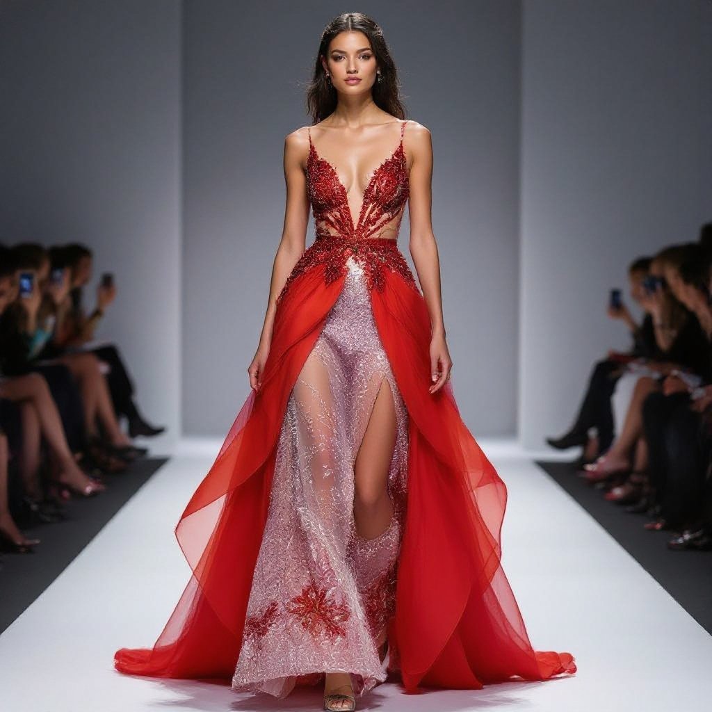 A haute couture evening gown crafted on a foundation of skin-toned sheer mesh, creating the illusion of bare skin. The bodice is snug and sculpted, clinging seductively to the figure with intricate fiery red crystal embellishments that shimmer like embers. From the waist downward, the gown transforms into a blazing spectacle—layers of translucent fabric, glowing gradients of crimson, scarlet, and molten orange, cascading as if the wearer is walking on living fire. Crystals and sequins catch the light like sparks, trailing behind with dramatic flair. The design embodies power, sensuality, and elegance—an ethereal vision of a woman wrapped in flames, both dangerous and divine, couture-level and runway ready
Skin-toned sheer mesh gown with fitted bodice. Fiery red crystal embellishments on the bodice. Flowing skirt of crimson, scarlet, and orange translucent fabric layers. Crystals and sequins add sparkle. Elegant and powerful design.