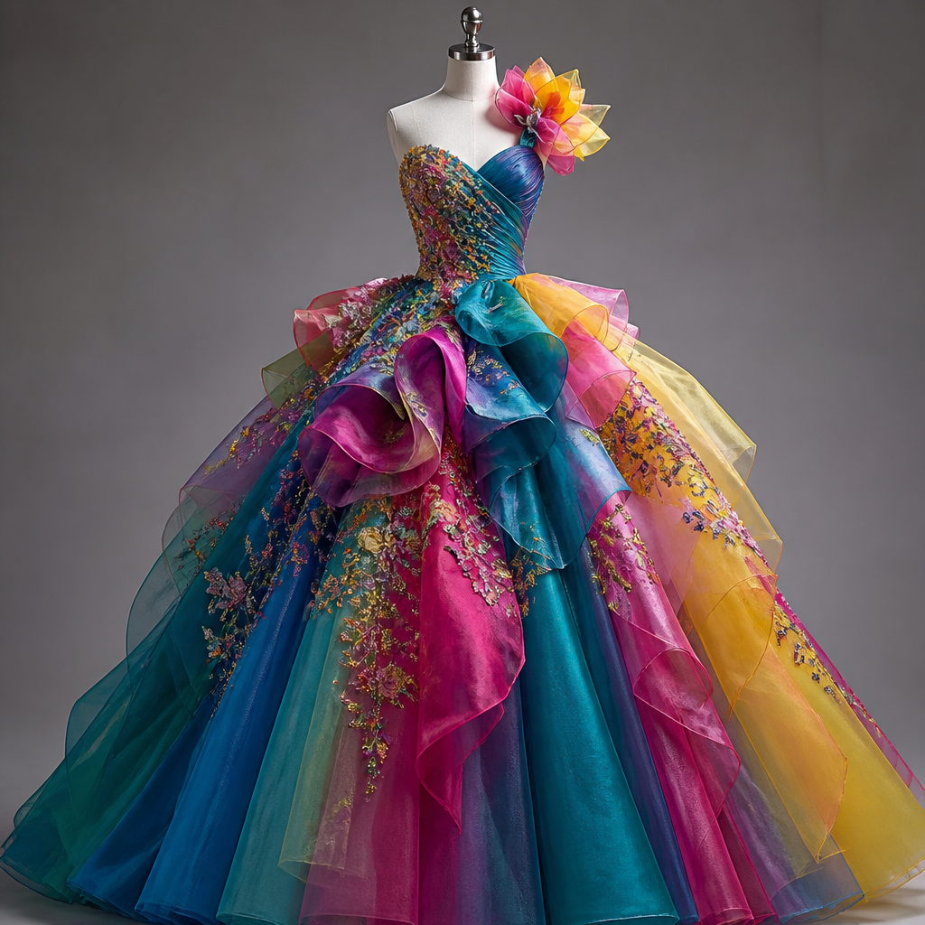 I really want bright colorful dress, but very fancy a ball gown
photorealistic fashion design, I really want bright colorful dress, but very fancy a ball gown, colorful style, just the design no text