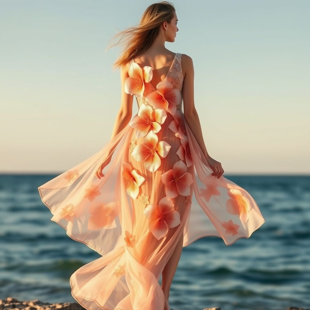 Rose gold flower dress
Design a flowing rose gold flower dress inspired by sun-kissed beach vibes. The dress features delicate, oversized floral appliqués that shimmer in the sunlight, embodying a breezy elegance. Incorporate sheer, lightweight fabrics with a subtle wave pattern, allowing the garment to flutter like ocean waves, perfect for a sunset soirée by the shore.