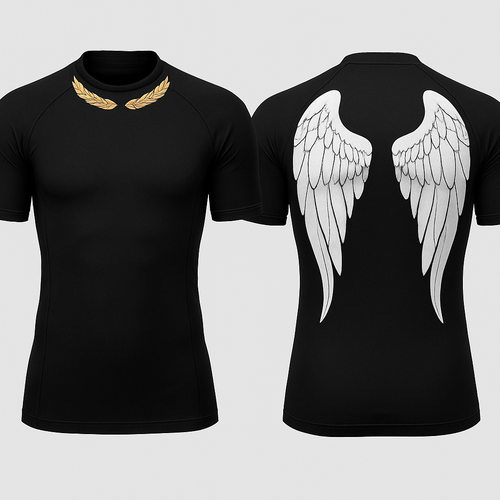 Black base compression fit short sleeve rash guard with angel wings in the back 

There’s a character from the video game super mash bros named pit. I would like his gold father headband to be just under the collar of the rash guard. Lastly in pits wrist he has 2 gold bracelets. I’d like to put those on the left sleeve of the rash guard 

Put the rings a little higher and I want the neck piece to have a gap in the center of the neck area 