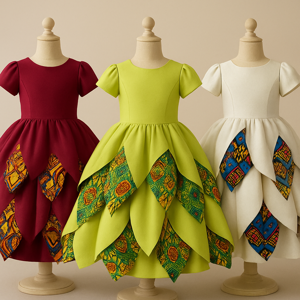 Children’s dresses that look like lilies with colors like burgundy, lemon green, pearl with Ankara patches on it that looks fabulous, unique, and beautiful,
Children’s dresses that look like lilies with colors like burgundy, lemon green, pearl with Ankara patches on it that looks fabulous, unique, and beautiful,, classic style