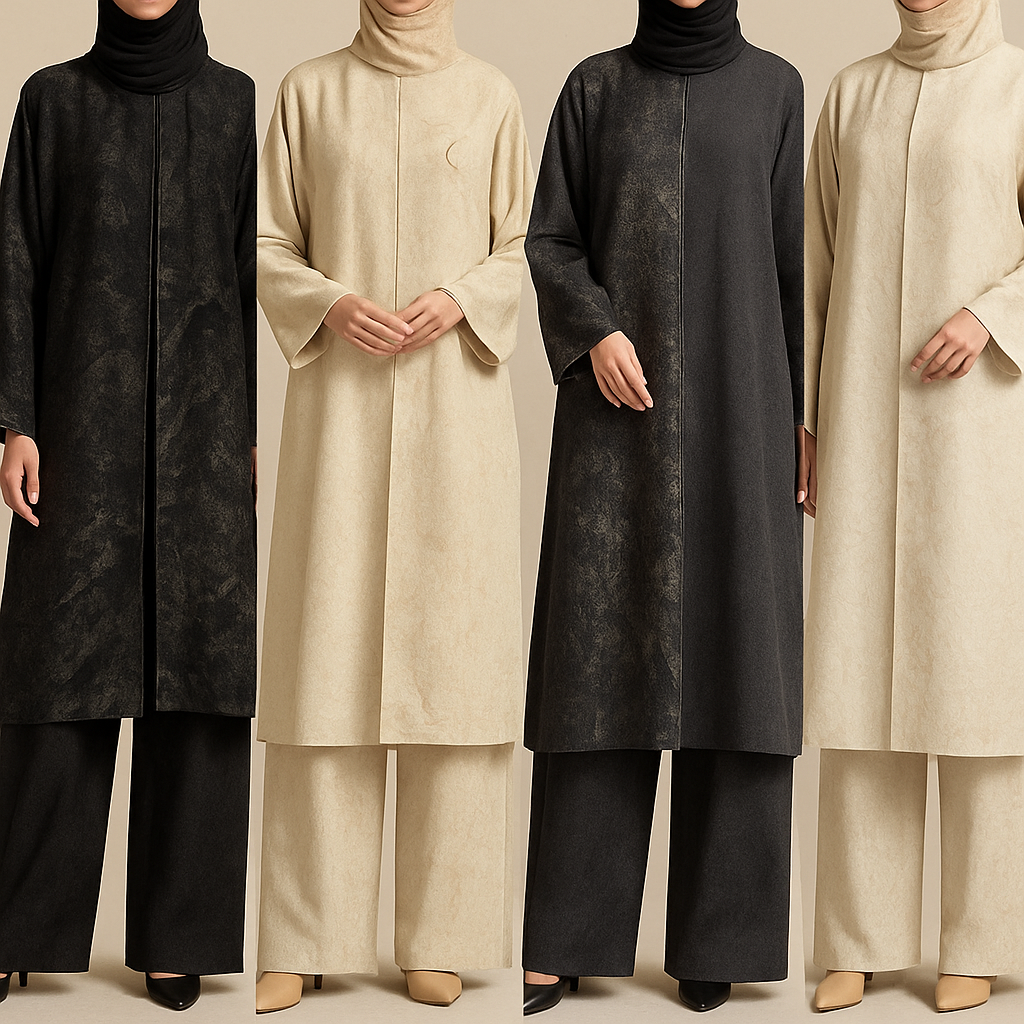 Create a modest abaya and loose pant, first of its kind, featuring a unique stone design that exudes a classy and sophisticated vibe. I'd like four designs, each showcasing different styles and fabrics. Incorporate high-end, unique chic stone designs to make them truly special. Add little sophisticated stone designs. Make it irresistible!

Create a modest abaya and loose pant, first of its kind, featuring a unique stone design that exudes a classy and sophisticated vibe. I'd like four designs, each showcasing different styles and fabrics. Incorporate high-end, unique chic stone designs to make them truly special. Add little sophisticated stone designs. Make it irresistible!