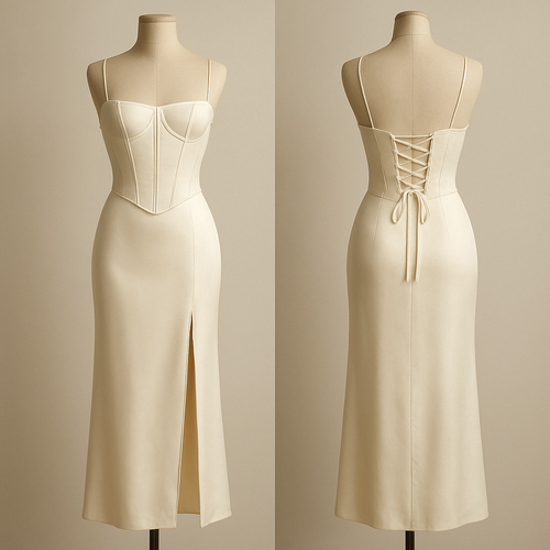 A slim, silk, off white dress with a tight fit with a fake corset vibe to the bodice with lacing at the back and a slit through the side and the skirt passes the ankles no straps




