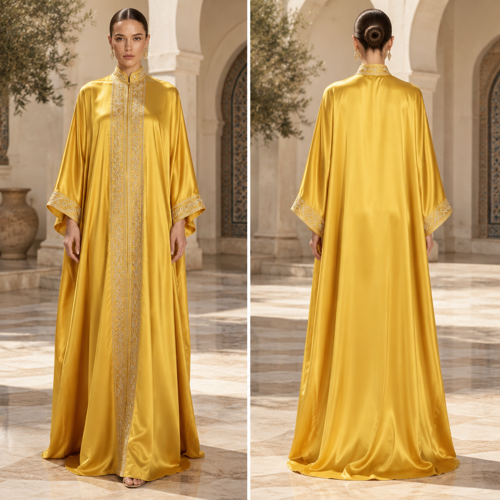 A Unisex Kaftan design, made of Satin, with a sleek, smooth finish, with a Relaxed silhouette, with modest, full coverage: longer hemlines, higher necklines and covered shoulders, in a Bold & Bright color palette, for Wedding, suitable for Spring, suited to a Temperate climate, shown on a model with fair skin and an athletic build. Tunisia fashion aesthetics. Current season is Autumn in Tunisia. Present it as professional fashion catalogue photography: the garment is the subject, shown full-length with editorial styling, neutral posing and tasteful, non-suggestive framing.
photorealistic fashion design, A Unisex Kaftan design, made of Satin, with a sleek, smooth finish, with a Relaxed silhouette, with modest, full coverage: longer hemlines, higher necklines and covered shoulders, in a Bold & Bright color palette, for Wedding, suitable for Spring, suited to a Temperate climate, shown on a model with fair skin and an athletic build. Tunisia fashion aesthetics. Current season is Autumn in Tunisia. Present it as professional fashion catalogue photography: the garment is the subject, shown full-length with editorial styling, neutral posing and tasteful, non-suggestive framing., just the design no text, show front and back