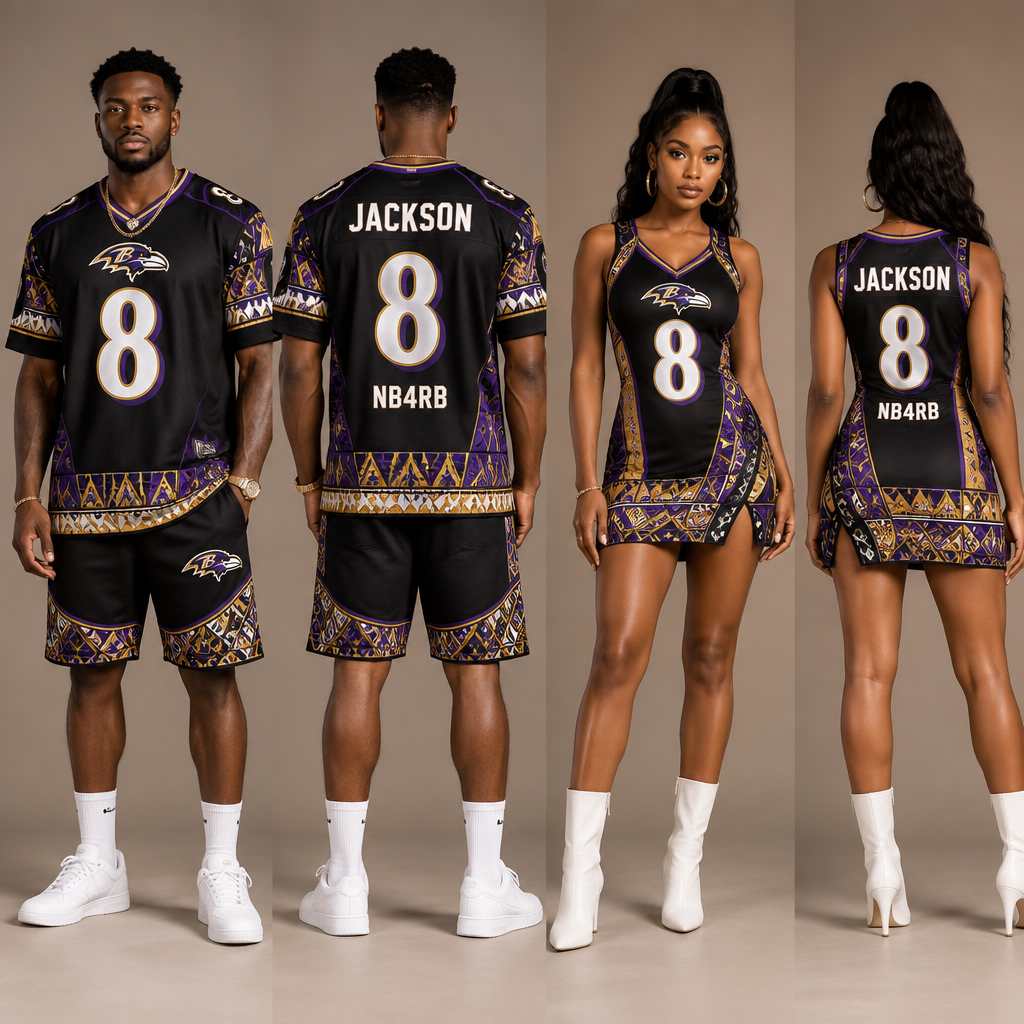 A Female fashion design. create an American football jerseys for male and short dresses for female for the Baltimore Ravens with the number 8 and at the back on top written JACKSON and at the bottom written NB4RB. South Africa fashion aesthetics. Present it as professional fashion catalogue photography: the garment is the subject, shown full-length with editorial styling, neutral posing and tasteful, non-suggestive framing.
photorealistic fashion design, A Female fashion design. create an American football jerseys for male and short dresses for female for the Baltimore Ravens with the number 8 and at the back on top written JACKSON and at the bottom written NB4RB. South Africa fashion aesthetics. Present it as professional fashion catalogue photography: the garment is the subject, shown full-length with editorial styling, neutral posing and tasteful, non-suggestive framing., just the design no text