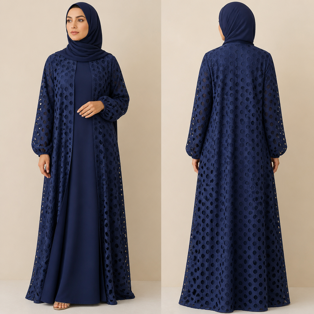 A Female Dress design, made of Cotton, for Formal, suitable for Spring, in Elegant + Quiet Luxury + Middle Eastern style. this is a beautiful a abaya with two different fabric in royal blue with instructed cotton fabric with cut circles on top cotton fabric. with underneath and light weight cotton dress underneath it is relax with modesty abaya and whole abaya is royal blue with matching scarf colour. Design with modest coverage.
photorealistic fashion design, A Female Dress design, made of Cotton, for Formal, suitable for Spring, in Elegant + Quiet Luxury + Middle Eastern style. this is a beautiful a abaya with two different fabric in royal blue with instructed cotton fabric with cut circles on top cotton fabric. with underneath and light weight cotton dress underneath it is relax with modesty abaya and whole abaya is royal blue with matching scarf colour. Design with modest coverage., elegant style, just the design no text, show front and back