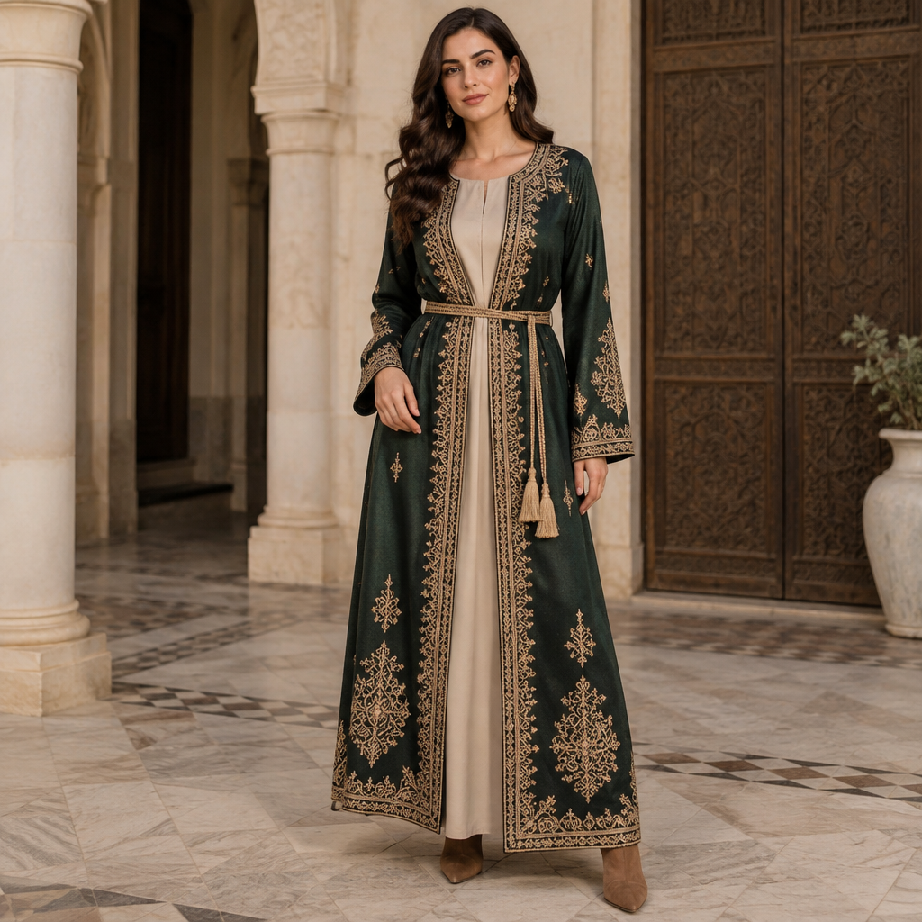 A Female Dress design, suitable for Fall. Algeria fashion aesthetics. Current season is Autumn in Algeria. Present it as professional fashion catalogue photography: the garment is the subject, shown full-length with editorial styling, neutral posing and tasteful, non-suggestive framing.
photorealistic fashion design, A Female Dress design, suitable for Fall. Algeria fashion aesthetics. Current season is Autumn in Algeria. Present it as professional fashion catalogue photography: the garment is the subject, shown full-length with editorial styling, neutral posing and tasteful, non-suggestive framing., just the design no text