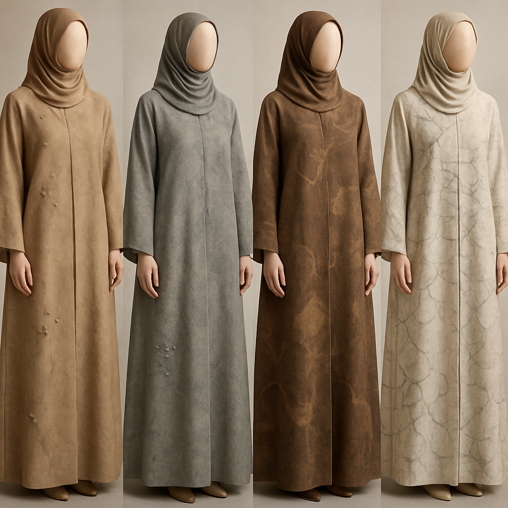 Create a modest two-piece linen abaya, the first of its kind, featuring a unique stone design that exudes a classy and sophisticated vibe. I'd like four designs, each showcasing different styles and fabrics. Incorporate high-end, unique chic stone designs to make them truly special. Add little sophisticated stone designs.

Create a modest two-piece linen abaya, the first of its kind, featuring a unique stone design that exudes a classy and sophisticated vibe. I'd like four designs, each showcasing different styles and fabrics. Incorporate high-end, unique chic stone designs to make them truly special. Add little sophisticated stone designs.