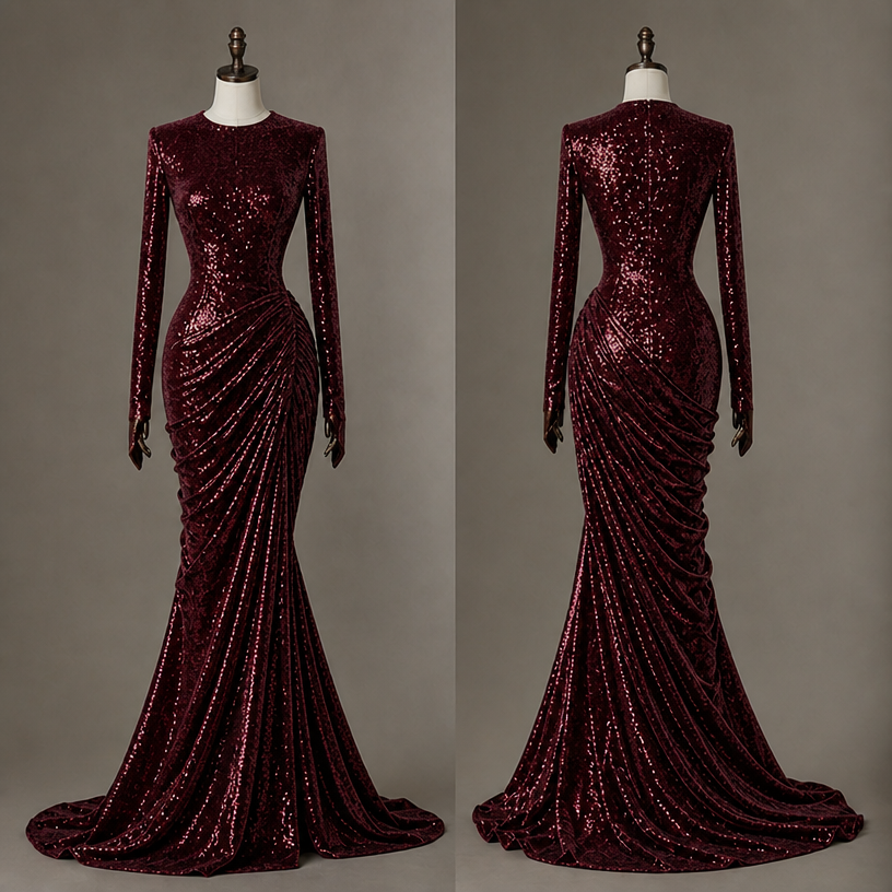 Make the drape a sequins
edit the attached fashion design with these instructions: Make the drape a sequins. keep it photorealistic, just the design no text