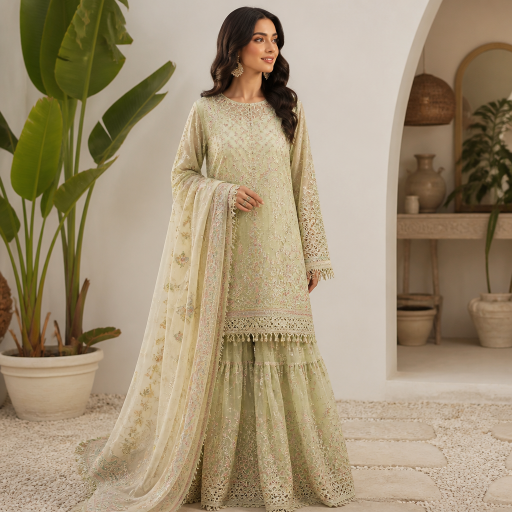 A Female fashion design. Consider Pakistani fashion — shalwar kameez, gharara, sharara; lawn fabrics, chiffon; intricate embroidery and mirror work. Current season is Summer in Pakistan.
photorealistic fashion design, A Female fashion design. Consider Pakistani fashion — shalwar kameez, gharara, sharara; lawn fabrics, chiffon; intricate embroidery and mirror work. Current season is Summer in Pakistan., just the design no text