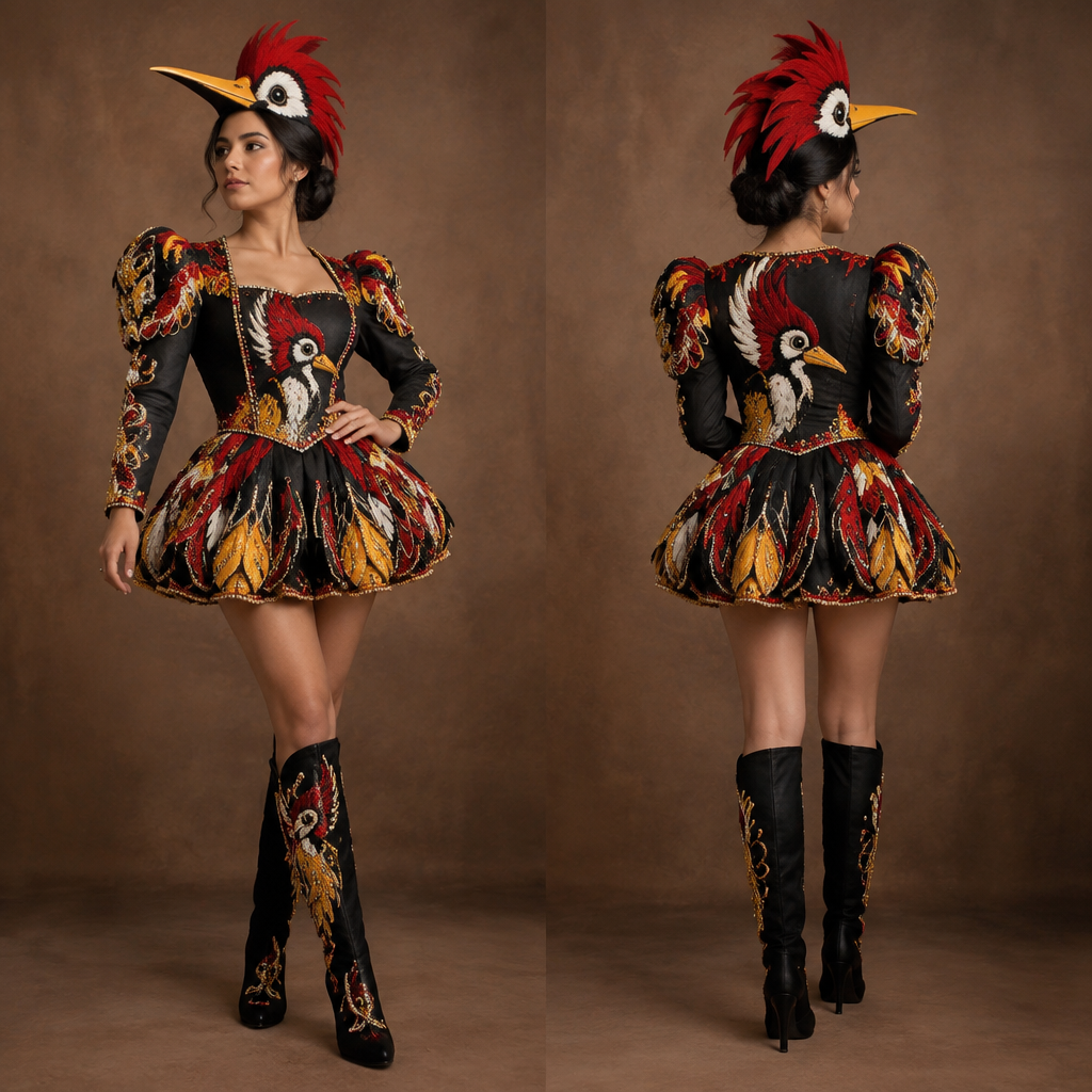 A Female Dress design, suitable for Fall. traje de carnaval de san miguel tocuila Texcoco en focado en el pájaro loco. Mexico fashion aesthetics. Present it as professional fashion catalogue photography: the garment is the subject, shown full-length with editorial styling, neutral posing and tasteful, non-suggestive framing.
photorealistic fashion design, A Female Dress design, suitable for Fall. traje de carnaval de san miguel tocuila Texcoco en focado en el pájaro loco. Mexico fashion aesthetics. Present it as professional fashion catalogue photography: the garment is the subject, shown full-length with editorial styling, neutral posing and tasteful, non-suggestive framing., just the design no text