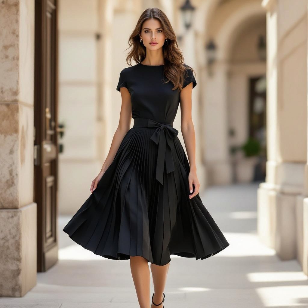 vogue:elegant fashion:chic cotton dress,structured silhouette,in classic black
Vogue: elegant fashion: chic cotton midi dress, structured silhouette with a cinched waist and pleated skirt, classic black.