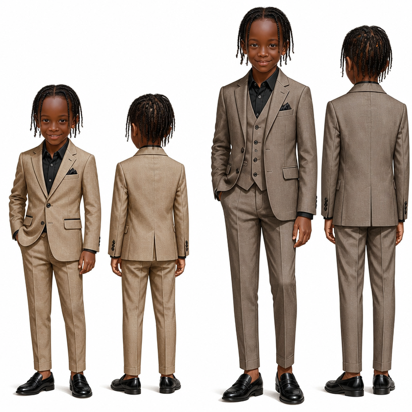 A Male fashion design, in Elegant style. 6 and 10 year old fashion boy
using the attached image as a visual reference and sketch, create this: photorealistic fashion design, A Male fashion design, in Elegant style. 6 and 10 year old fashion boy, elegant style, just the design no text